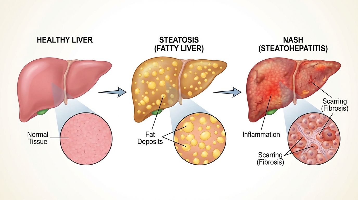 Progression diagram showing healthy liver to fatty liver to inflamed liver stages