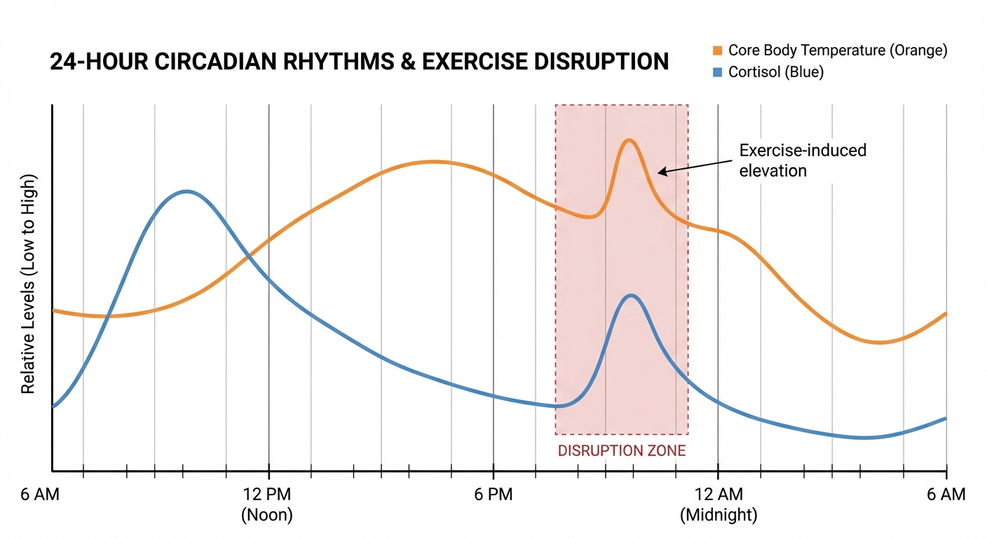 Graph showing core body temperature and cortisol patterns across 24 hours with exercise timing effects
