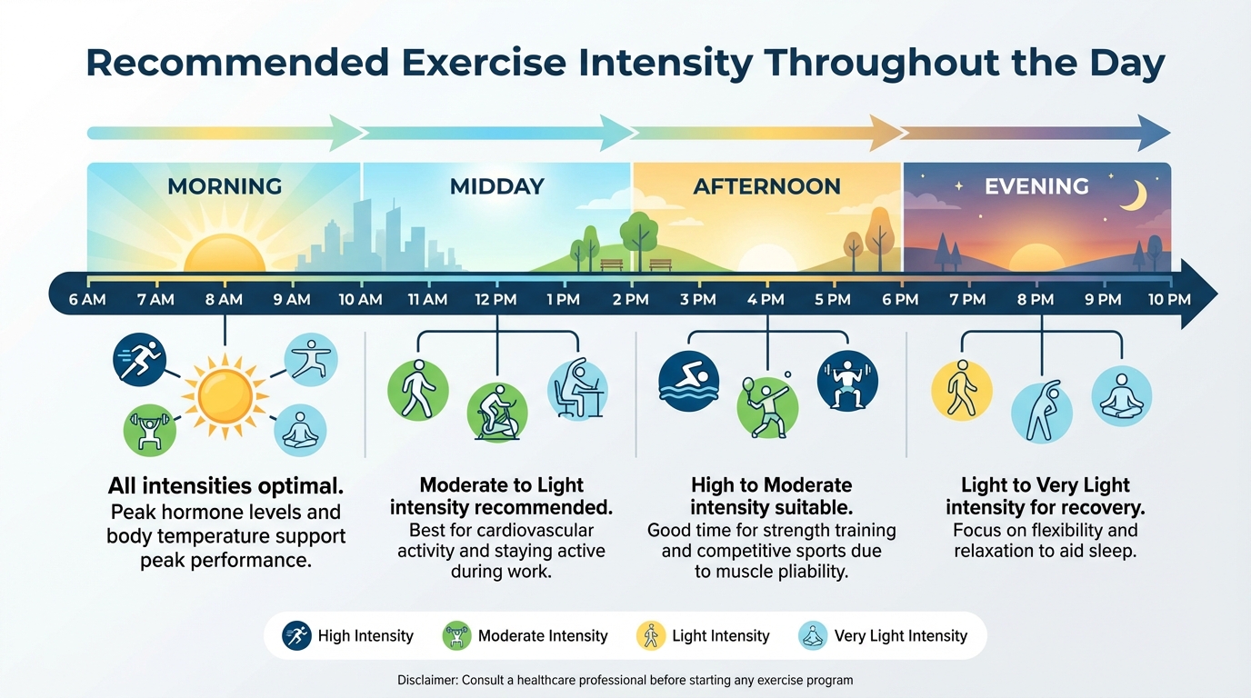 Visual guide showing exercise intensity recommendations for different times of day
