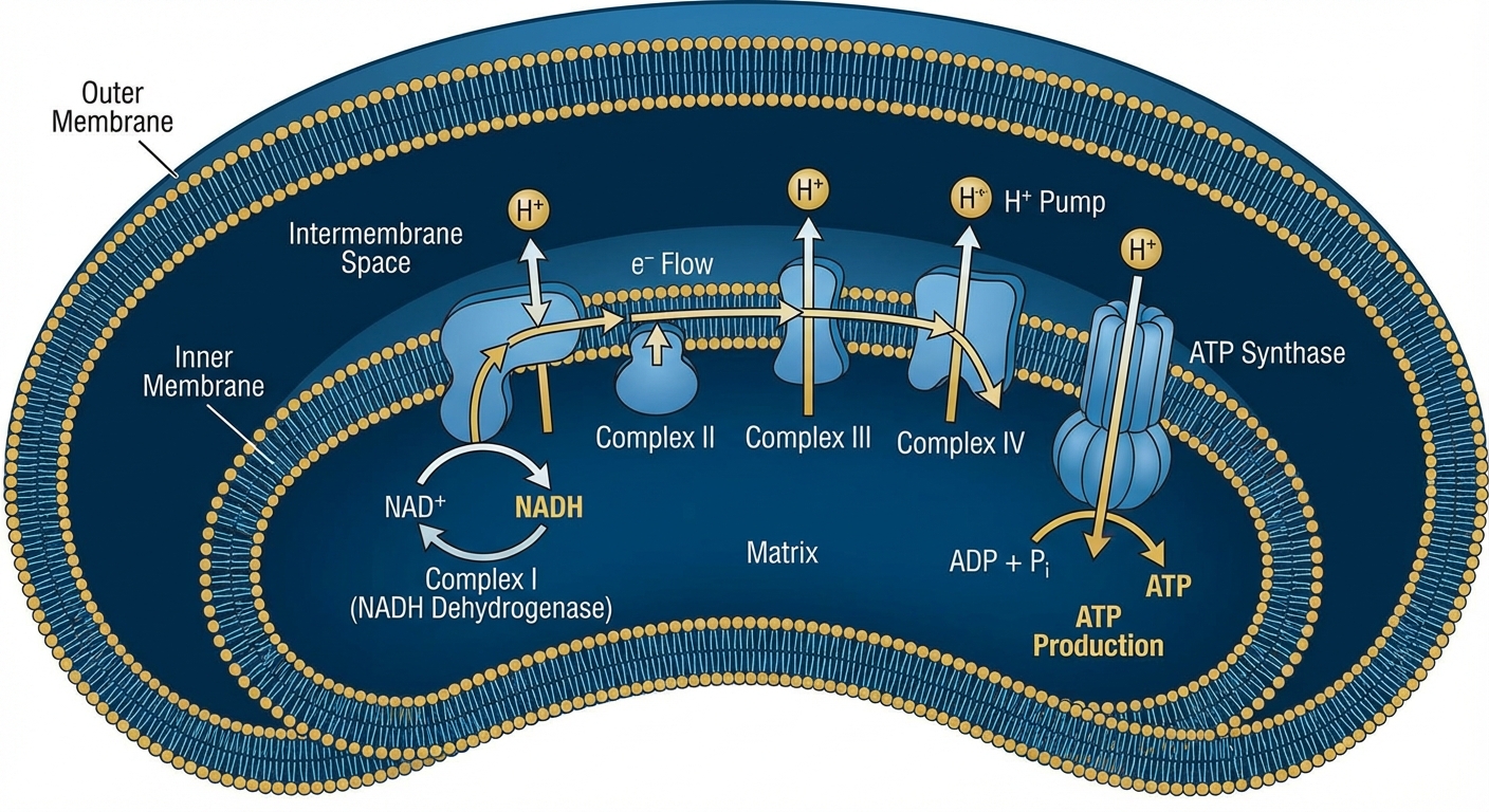 Mitochondria cellular energy production diagram showing NAD+ role in metabolism