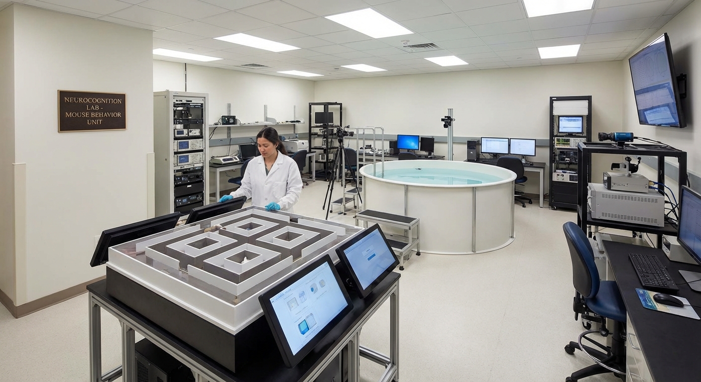 Laboratory mice in research setting with cognitive testing equipment