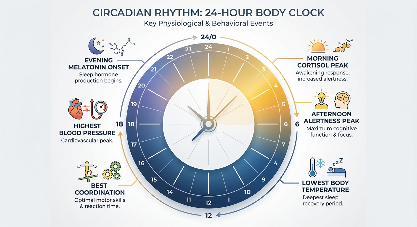 Infographic showing 24-hour circadian rhythm with hormone and body function timing