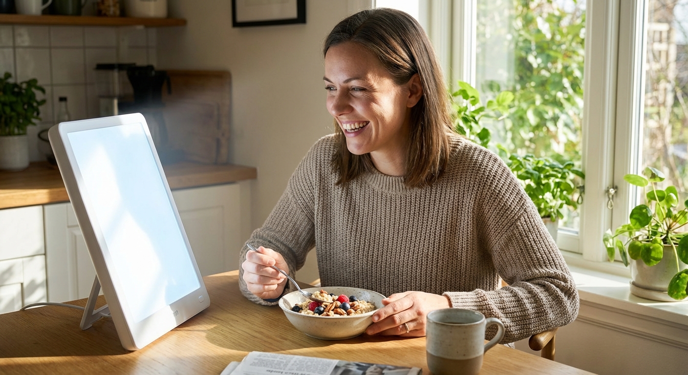 Person using light therapy box in morning while having breakfast