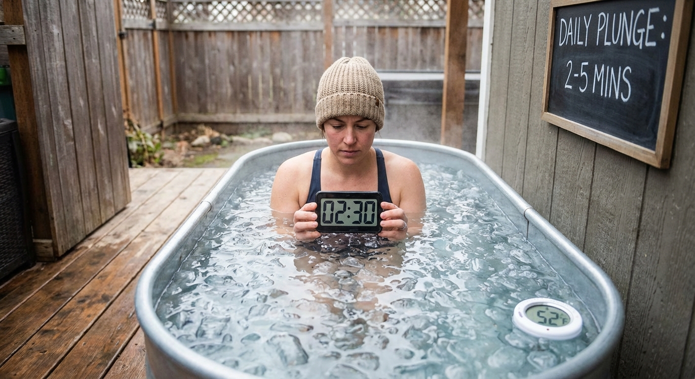 Person in cold plunge with timer showing recommended duration of 2-3 minutes