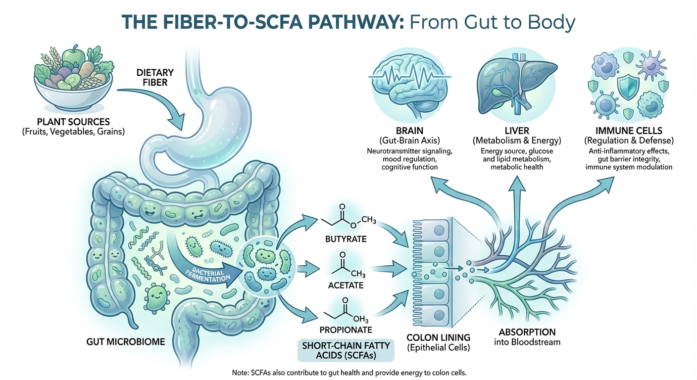 Illustrated diagram showing gut microbiome fermenting fiber into short-chain fatty acids