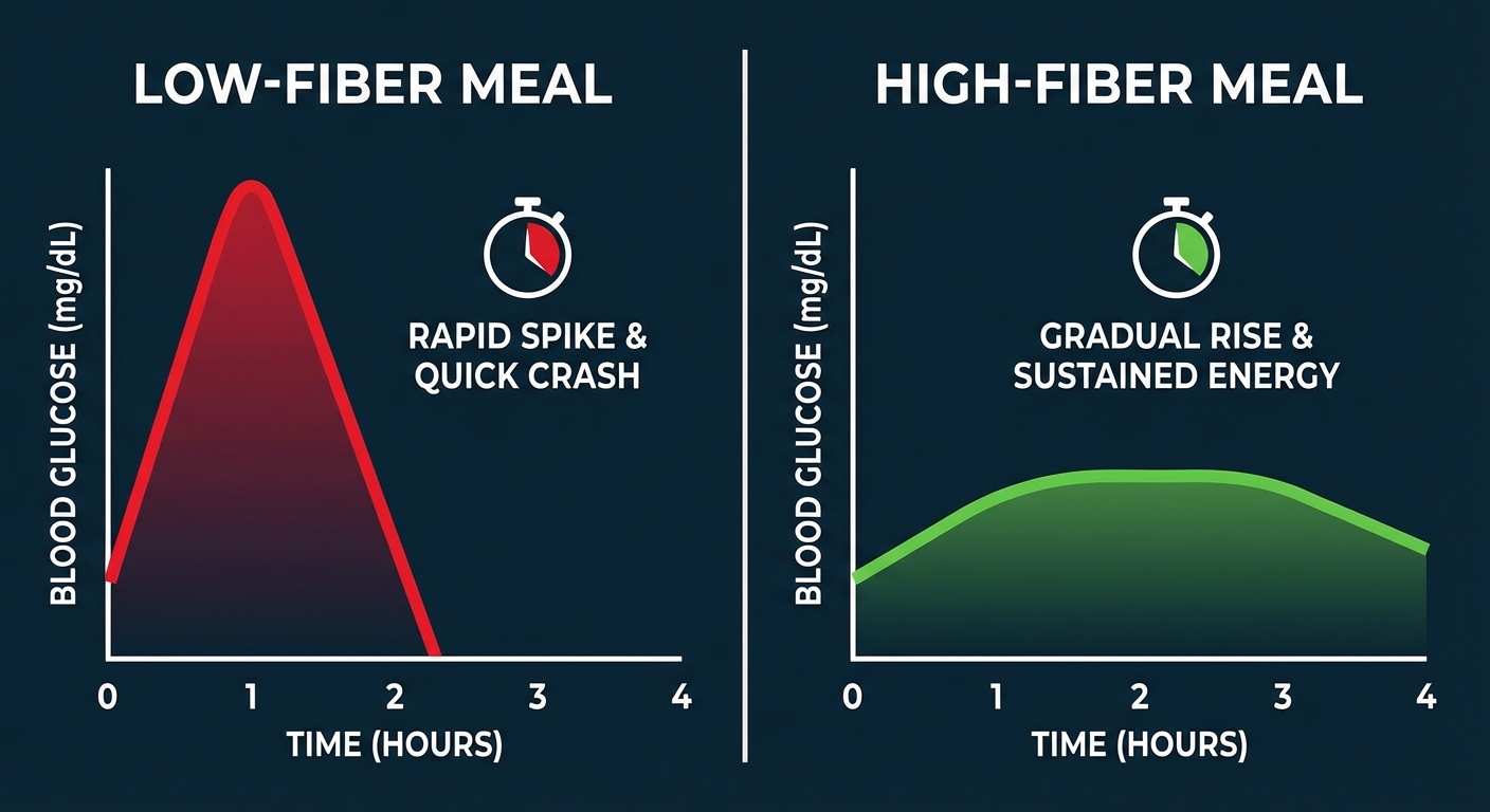 Split comparison showing blood sugar response curves with and without fiber in meal