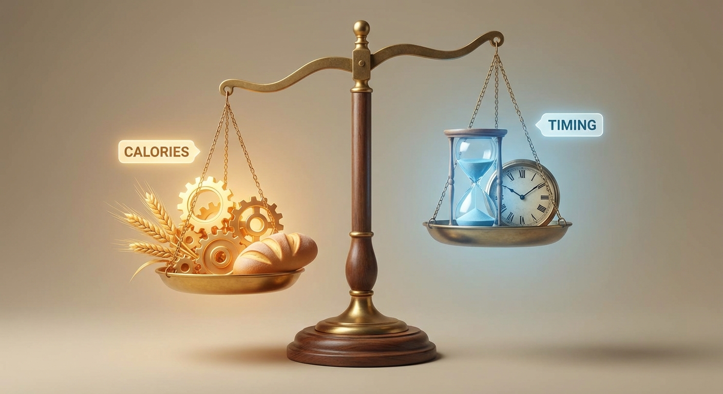 Balance scale showing calories on one side outweighing a clock on the other side