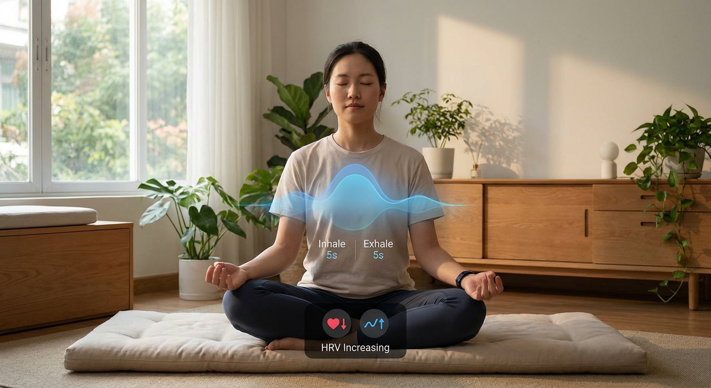 Person demonstrating coherent breathing technique with visual guide showing 5-6 second inhale and exhale pattern