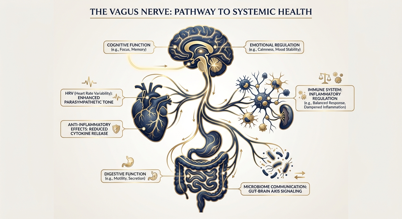Infographic showing vagus nerve connections to multiple body systems including heart, gut, immune system, and brain