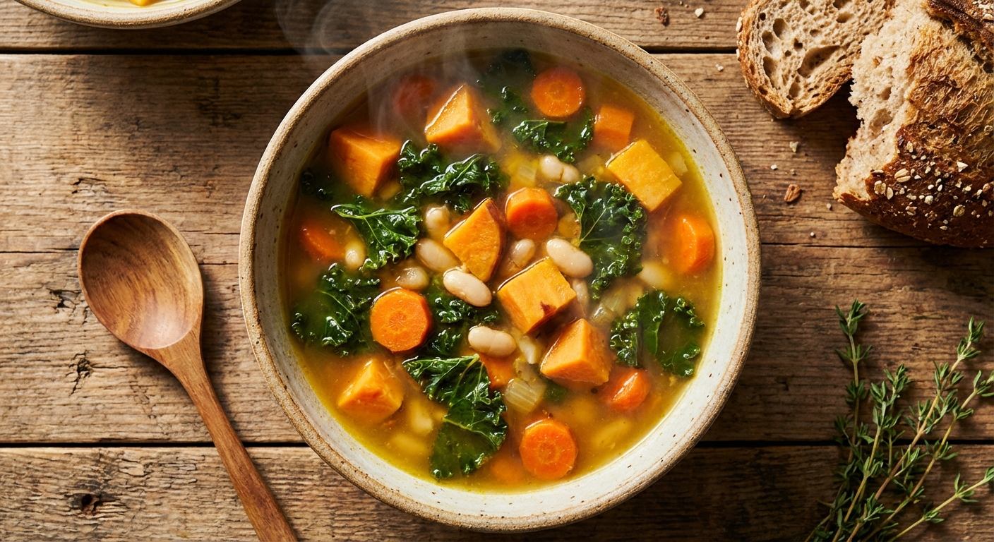Hearty winter vegetable soup with root vegetables and dark leafy greens