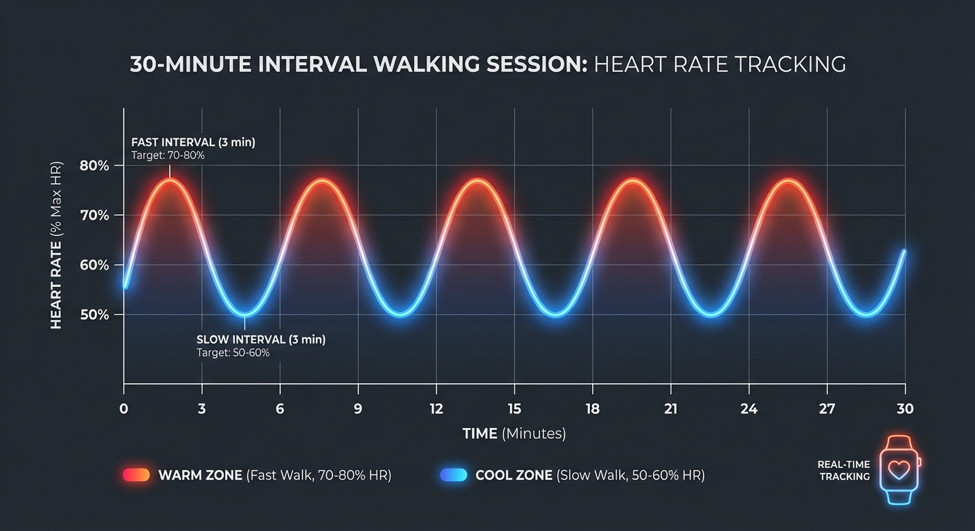 Heart rate graph showing alternating high and low intervals during walking session