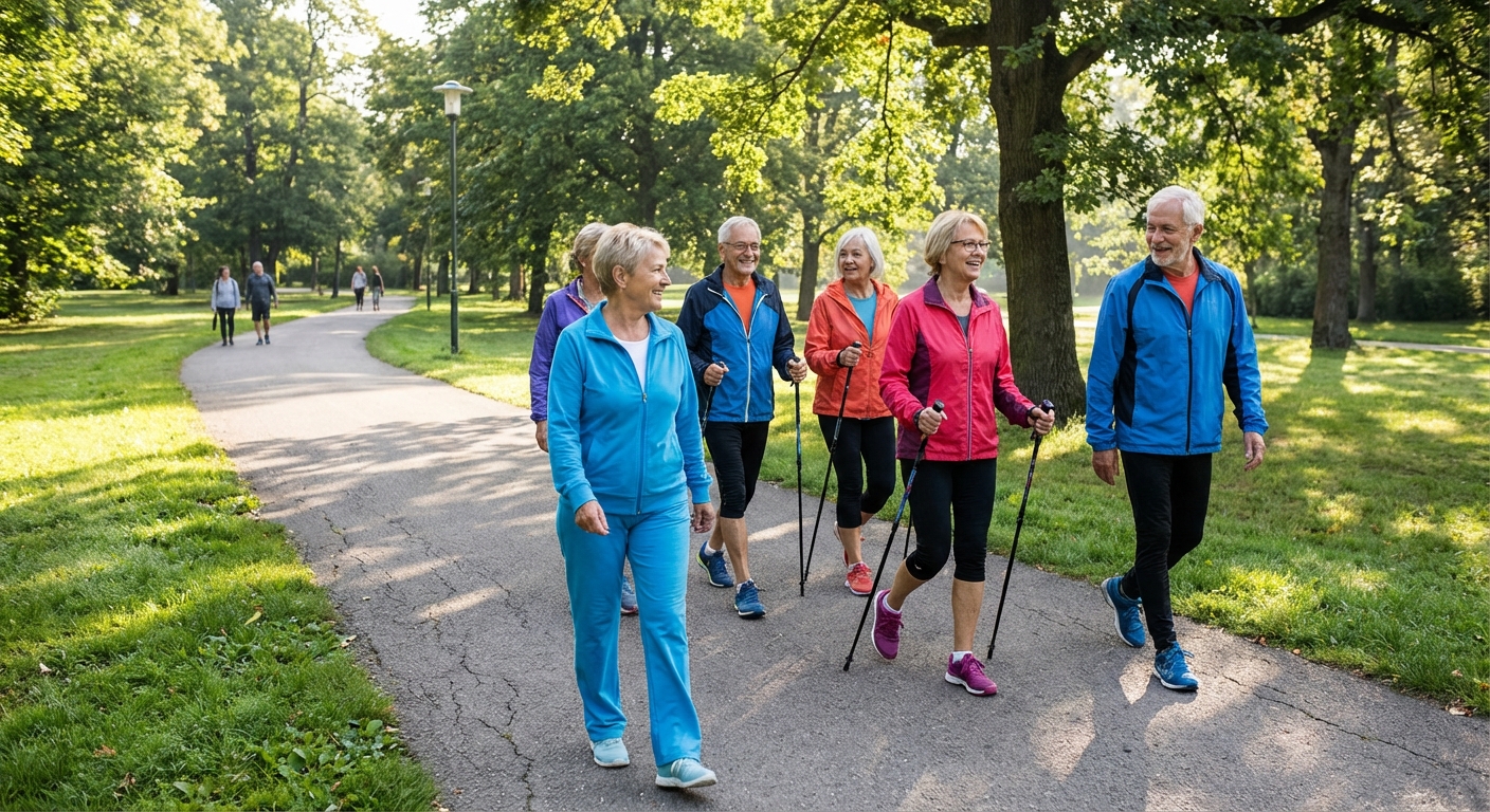 Group of older adults practicing interval walking together in a park