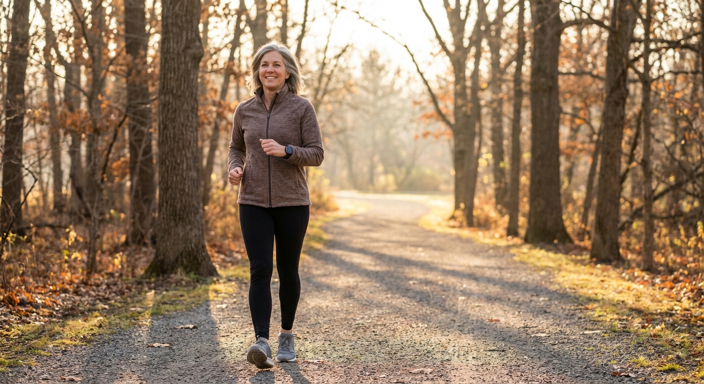 Person walking briskly on a tree-lined path demonstrating interval walking technique