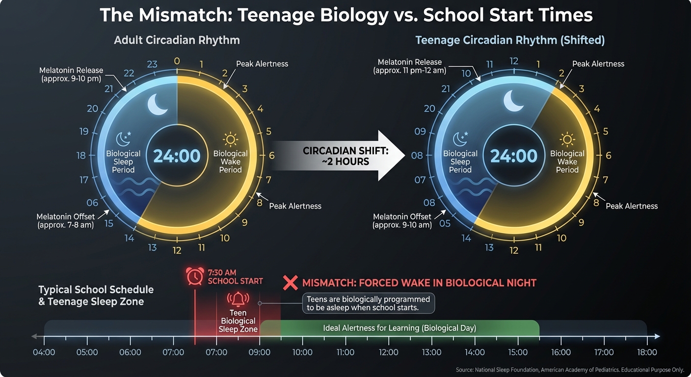 Infographic showing teenage circadian rhythm shift compared to school start times