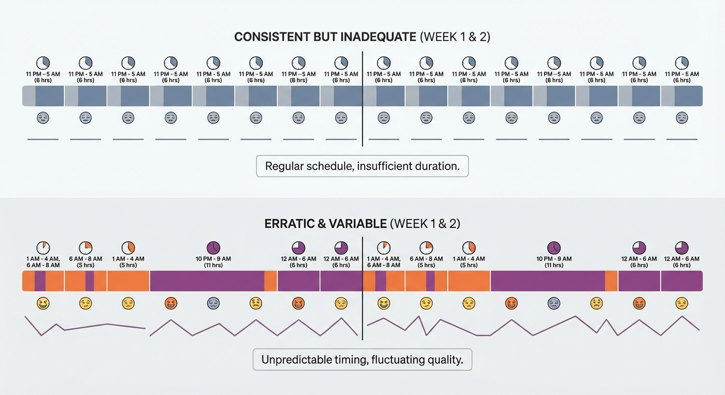 Comparison of sleep schedules showing weekday restriction vs weekend recovery pattern
