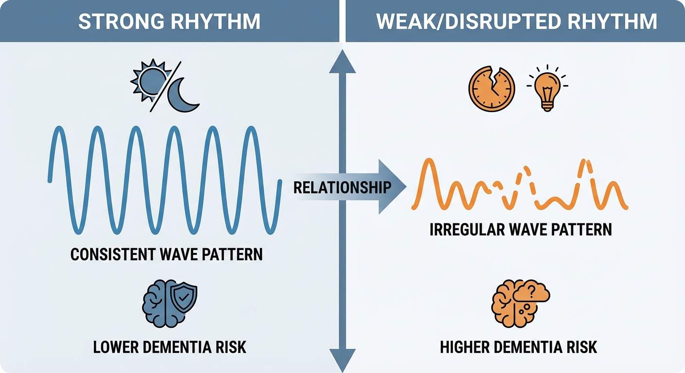 Infographic showing the spectrum of circadian rhythm strength and associated dementia risk levels