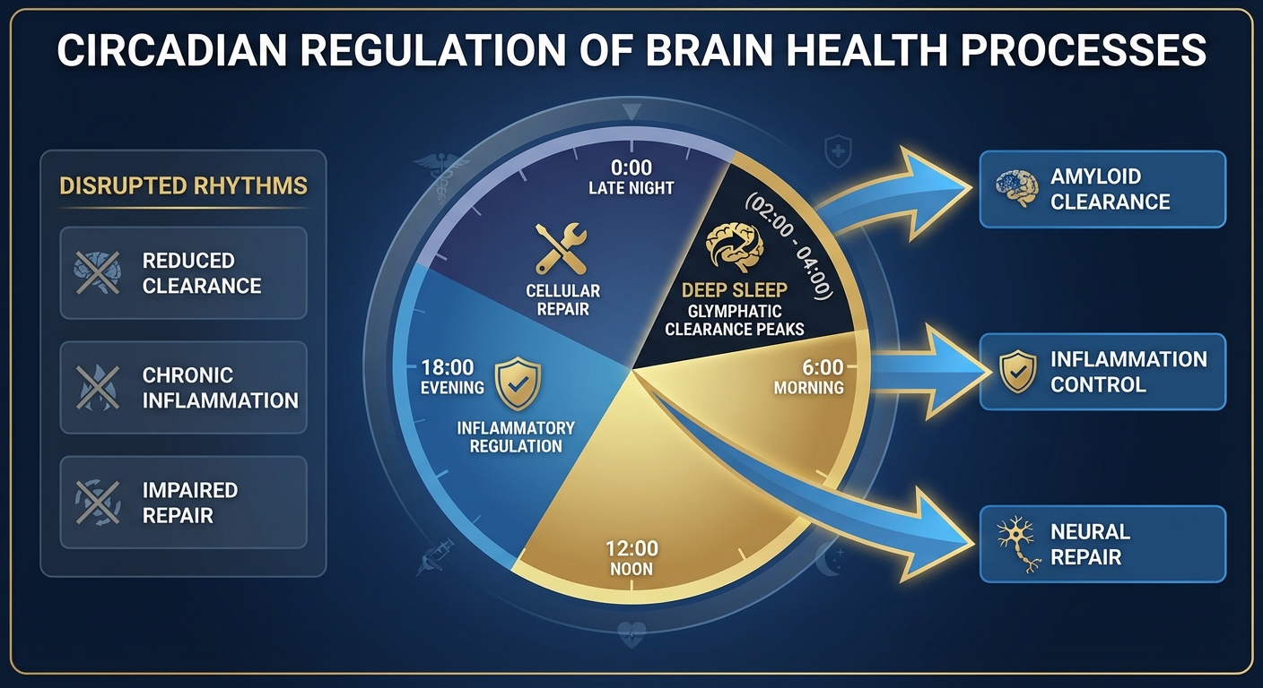 Diagram showing how circadian rhythms regulate brain maintenance processes including glymphatic clearance and inflammation