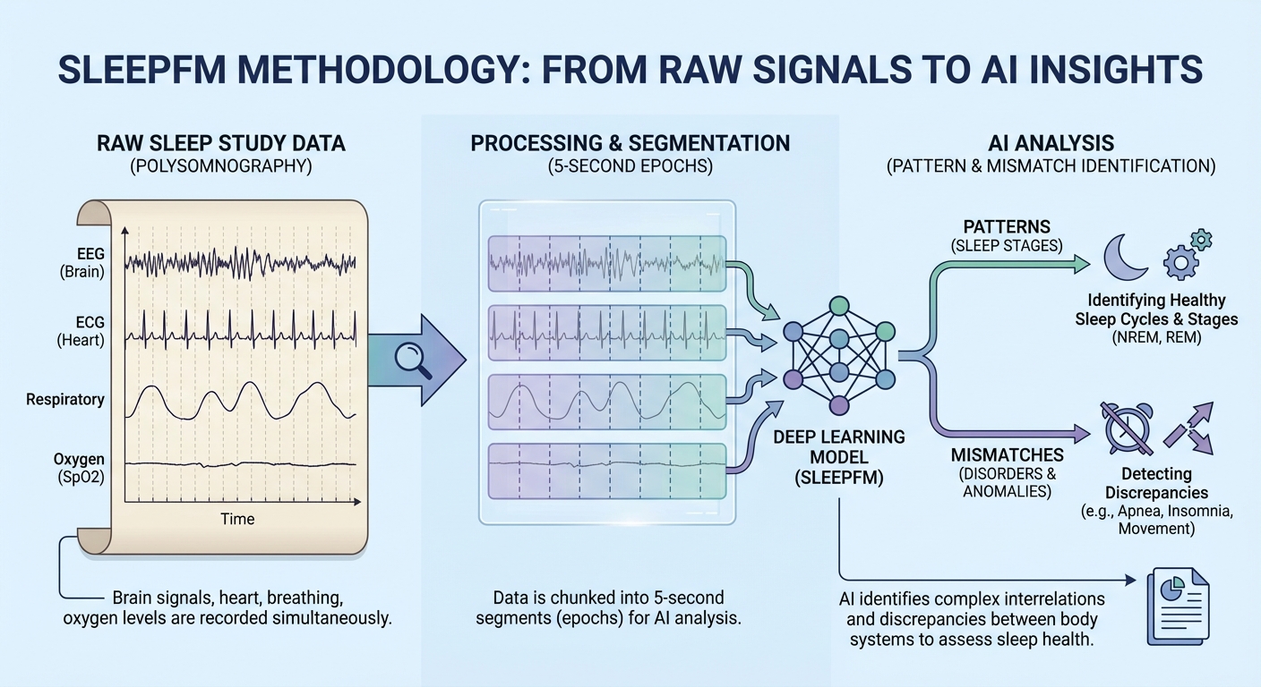 Diagram showing how SleepFM processes sleep data into five-second segments like words in a language