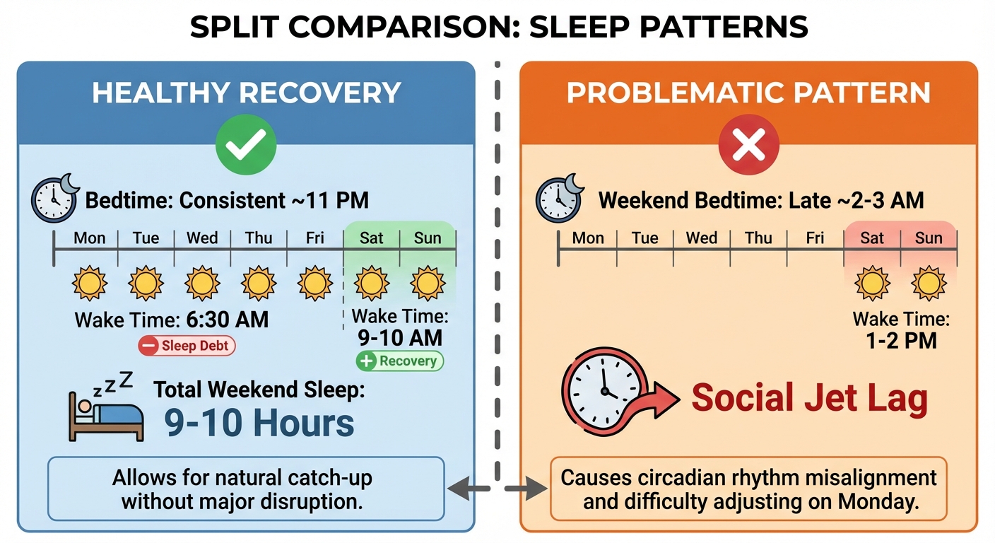 Comparison showing healthy weekend sleep recovery versus unhealthy sleep patterns in teenagers