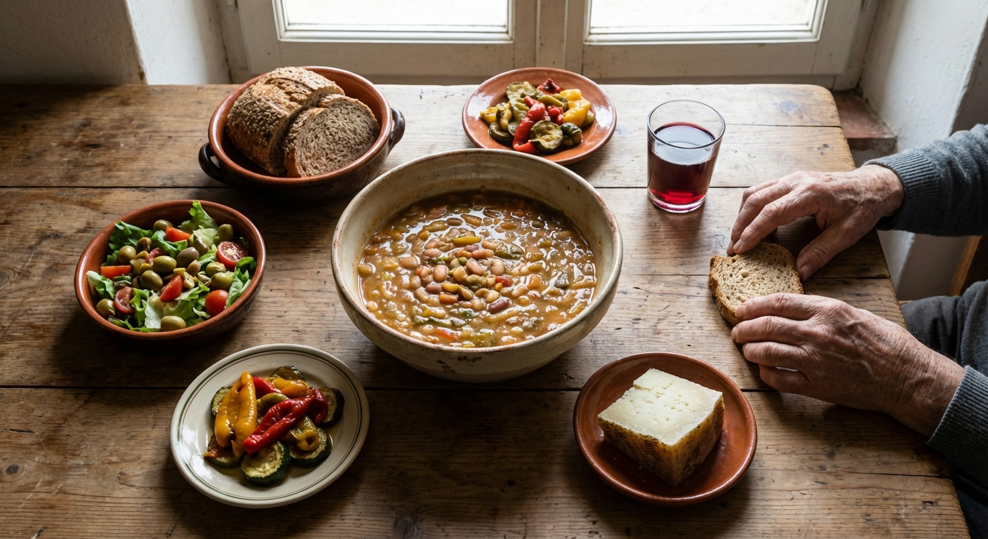Traditional blue zone meal with legumes, vegetables, and whole grains