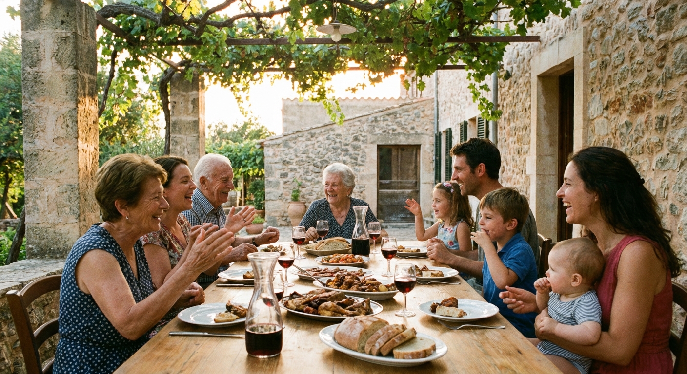 Multi-generational family gathering in a blue zone community demonstrating social bonds