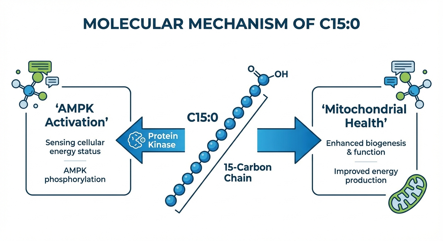 Scientific diagram showing C15:0 molecular structure and its effects on AMPK and mTOR pathways