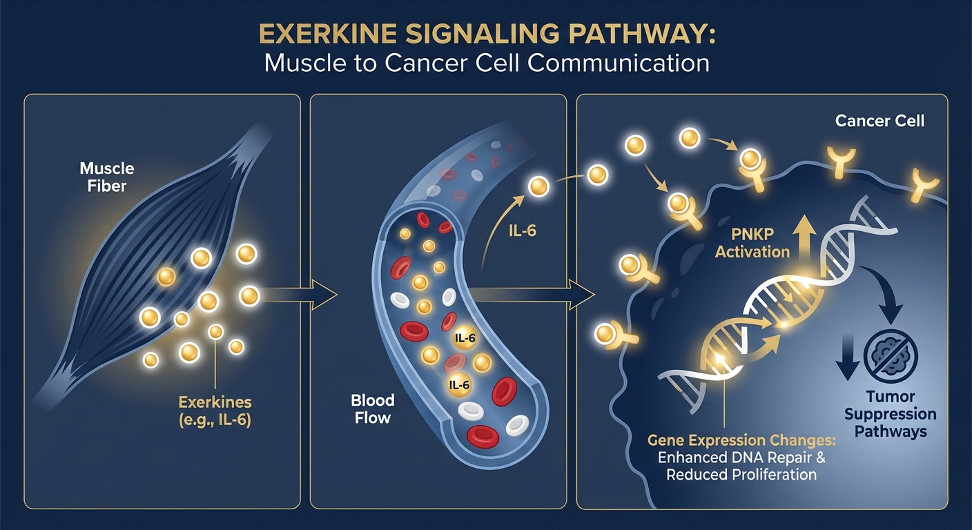 Scientific diagram showing exerkines traveling from muscles through bloodstream to cancer cells