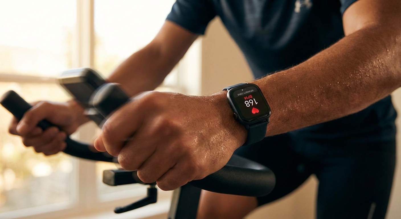 Person checking heart rate monitor during high-intensity cycling session showing elevated heart rate