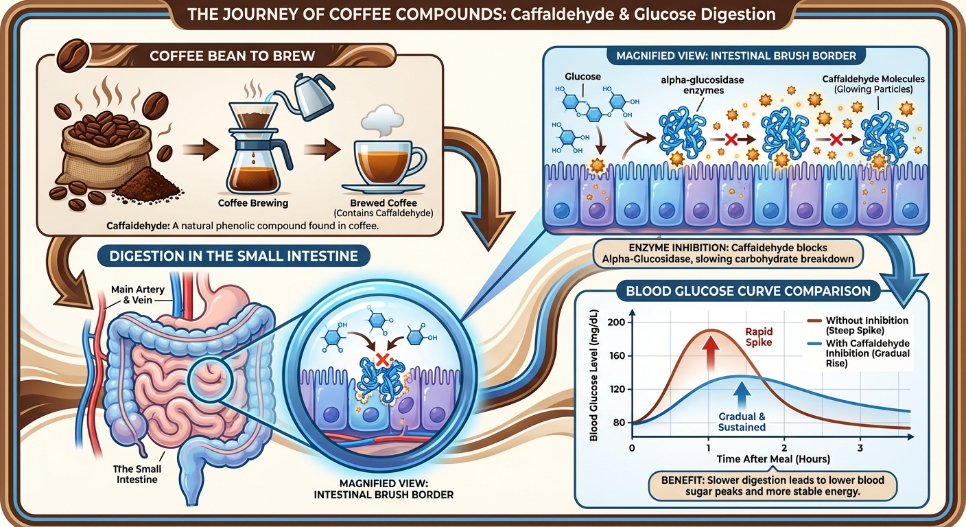 Infographic showing coffee's pathway from bean to blood sugar regulation in the intestine