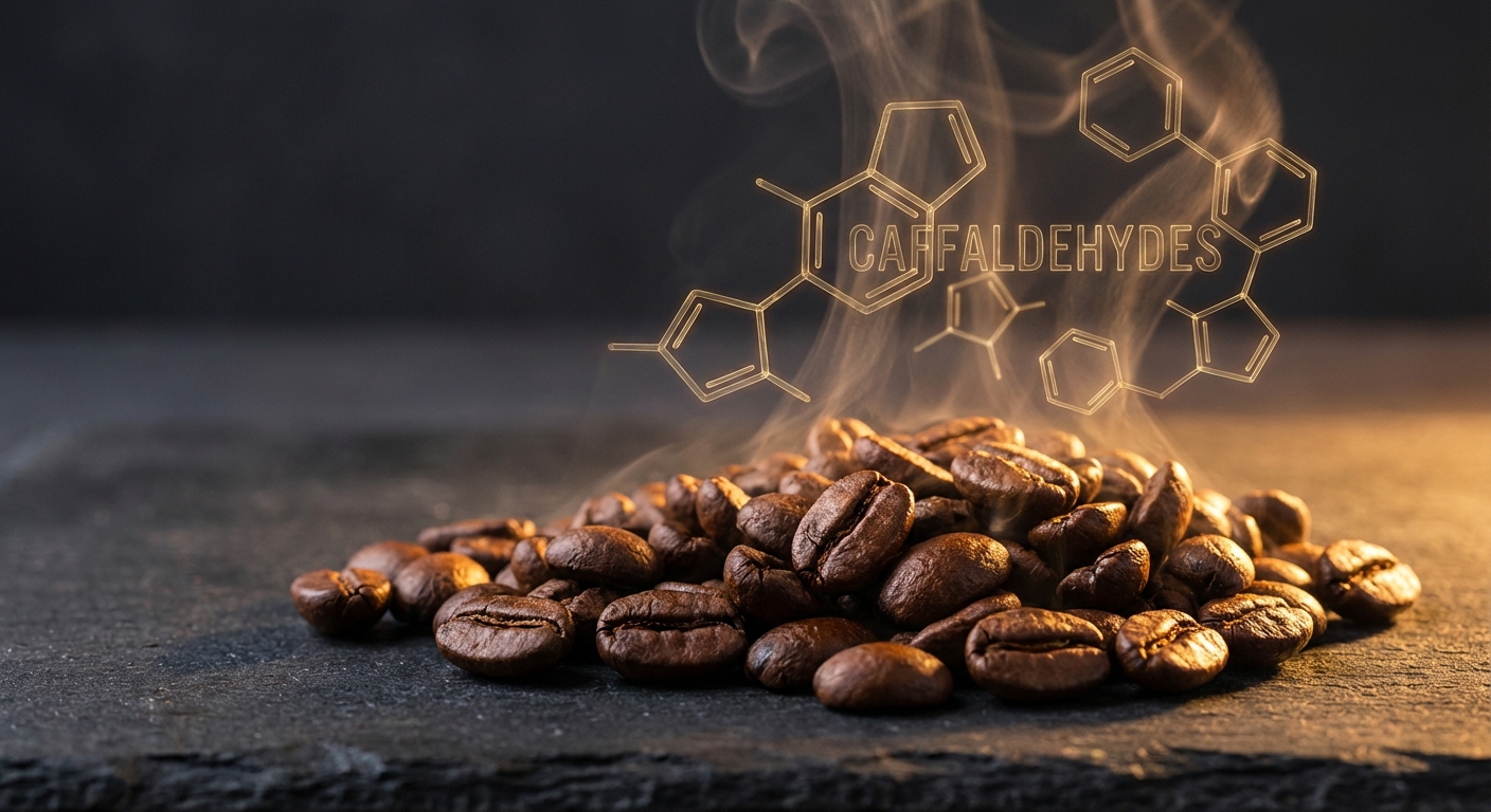 Close-up of dark roasted coffee beans with molecular structure overlay representing bioactive compounds