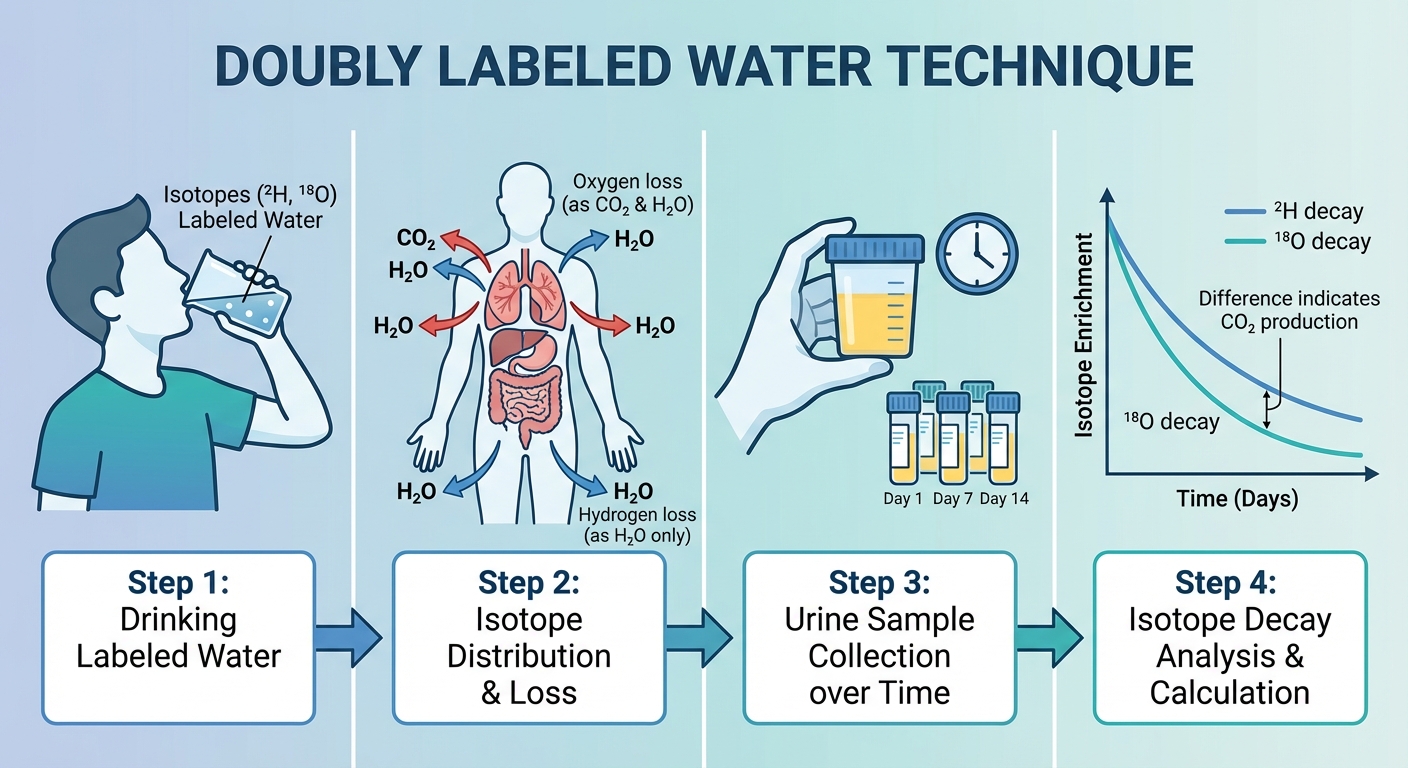 Scientific diagram showing doubly labeled water methodology for measuring energy expenditure