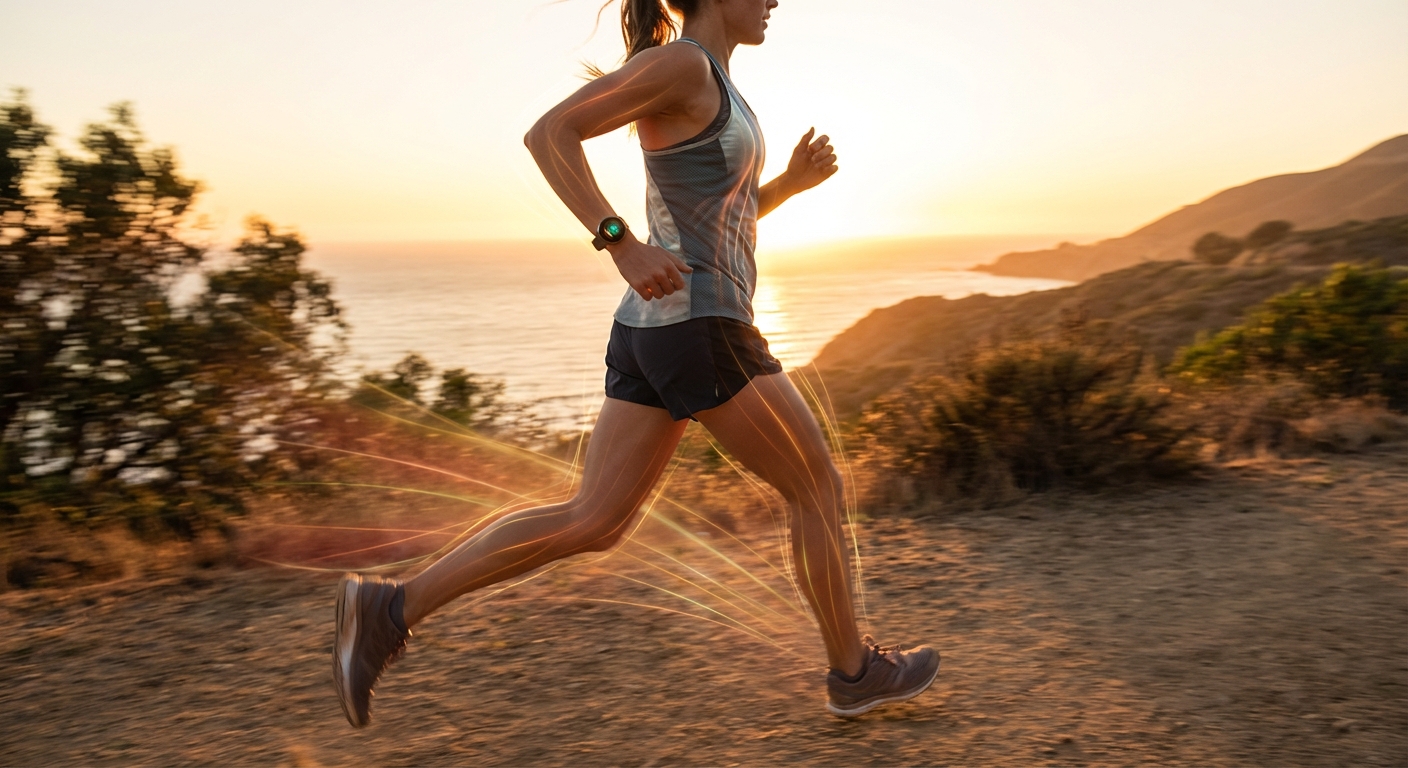 Runner on trail with visible energy expenditure visualization showing calories being burned
