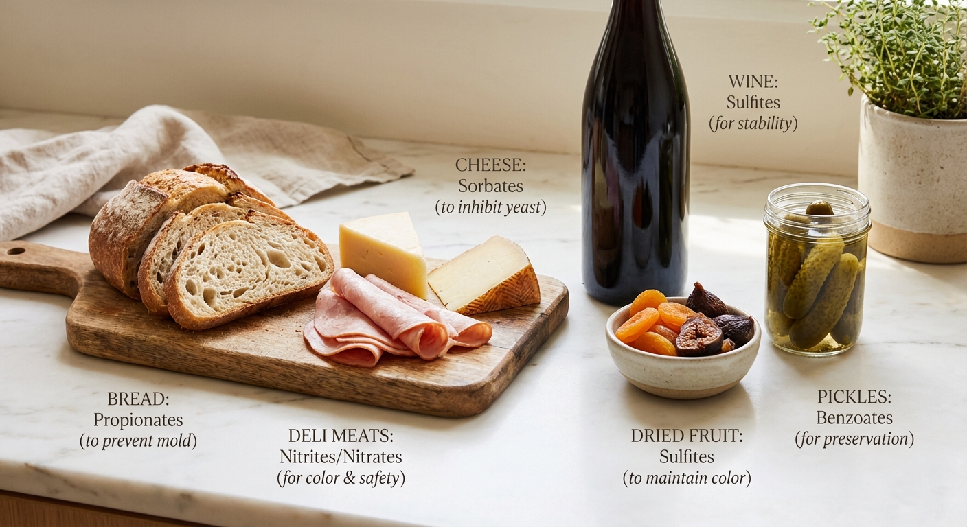 Common foods containing preservatives including bread, deli meats, cheese, and wine