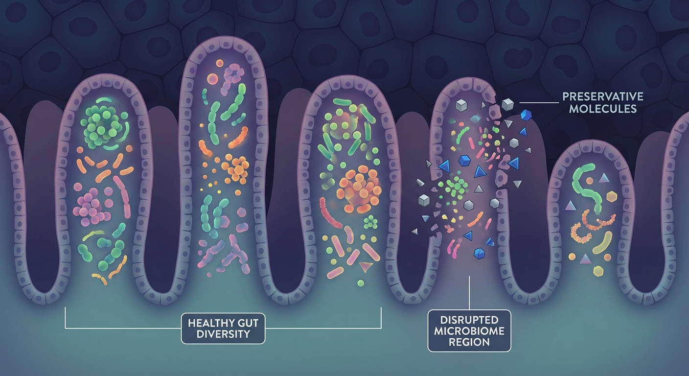 Conceptual illustration of gut microbiome being affected by food additives