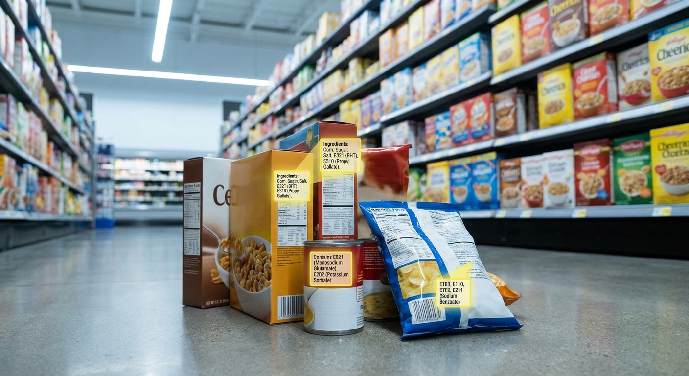 Processed packaged foods on grocery shelf with ingredient labels showing preservatives