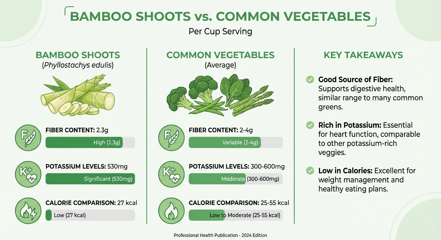 Nutritional comparison infographic showing bamboo shoots fiber and mineral content
