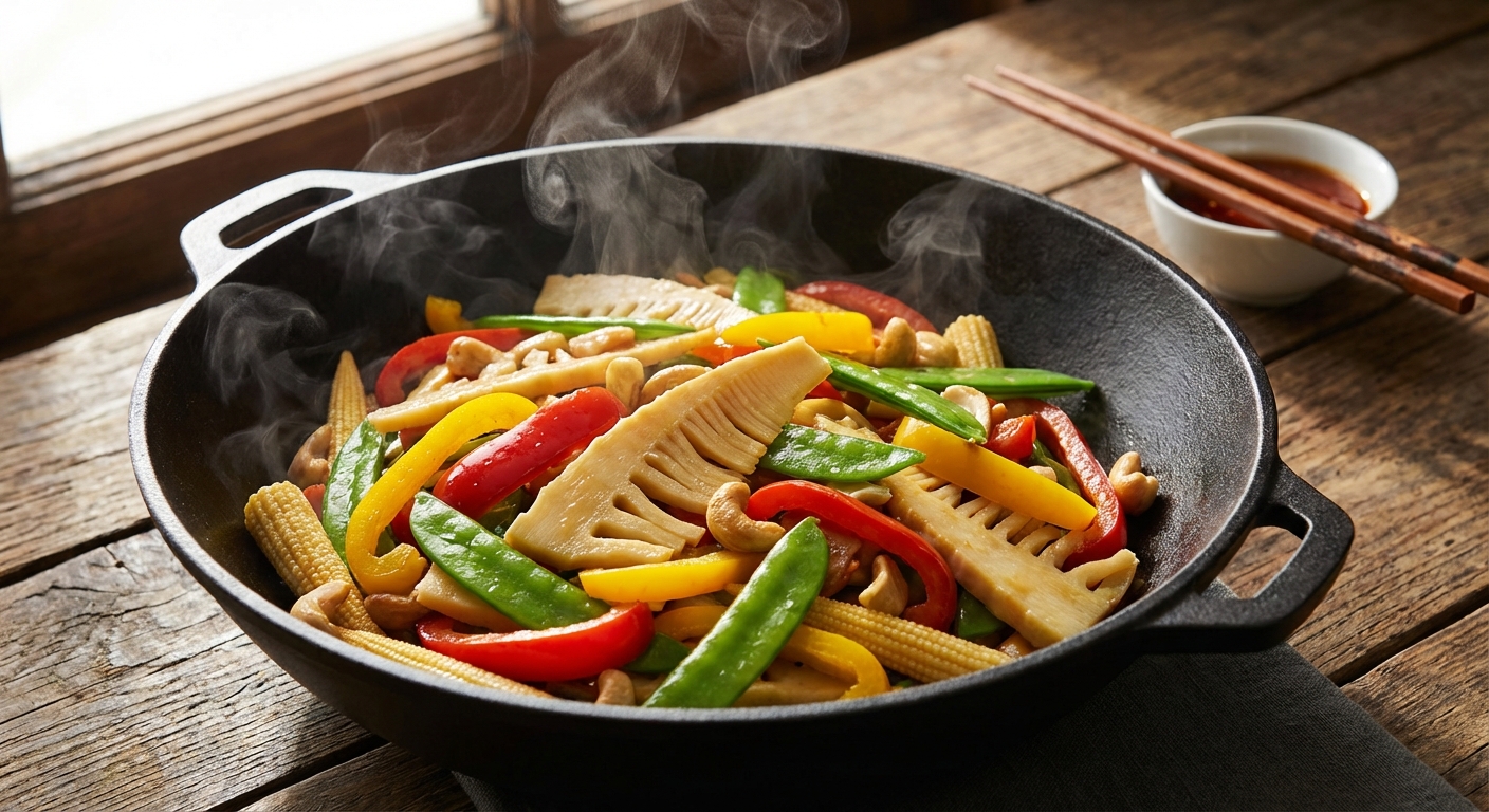 Asian-style stir fry dish featuring sliced bamboo shoots with vegetables in wok