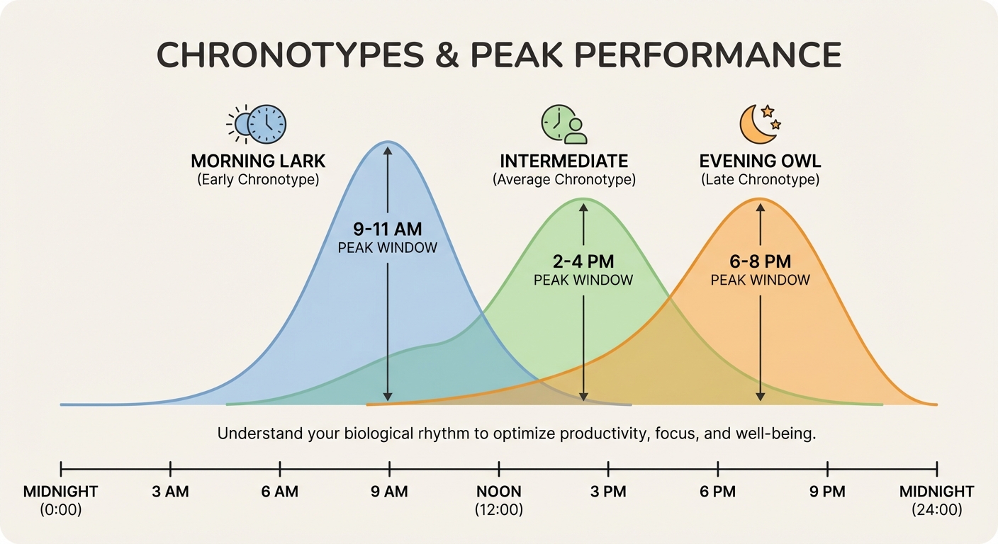 Infographic showing three chronotypes with their peak performance windows throughout the day
