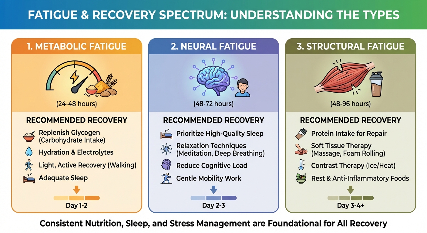 Infographic showing three types of training fatigue with recovery timelines