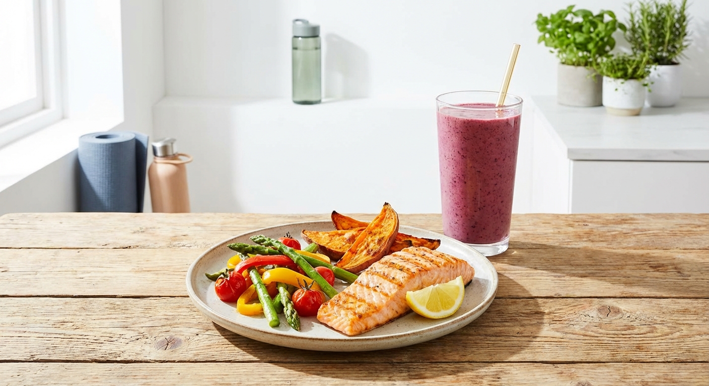 Post-workout recovery meal with protein and carbohydrates on plate with protein shake