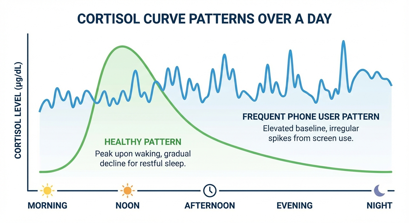 Infographic showing cortisol response patterns comparing frequent and limited phone use