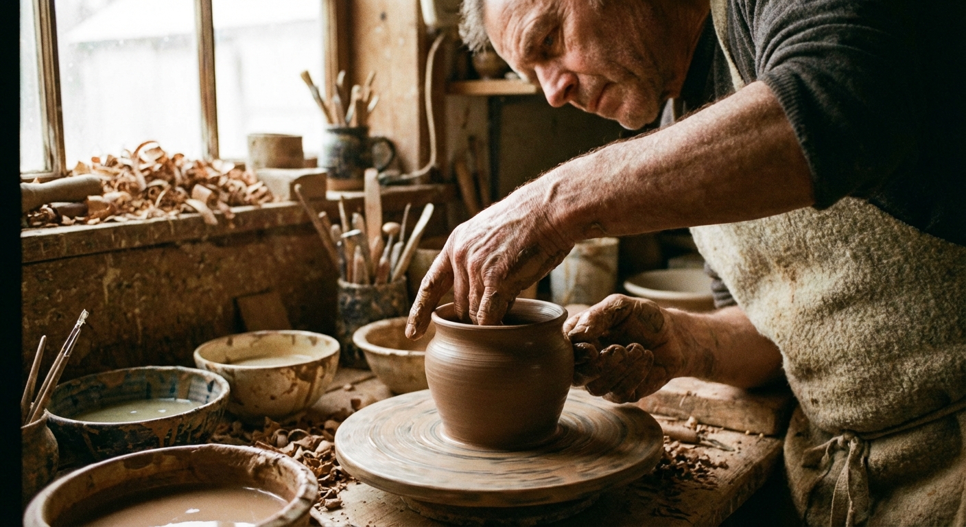 Person doing hands-on creative activity like pottery or woodworking in workshop setting