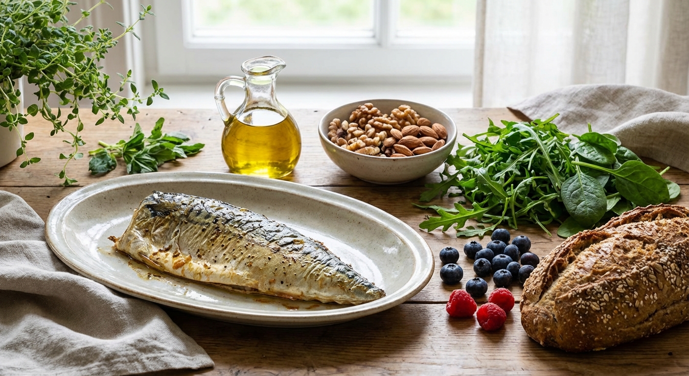 Mediterranean diet foods including fish, olive oil, nuts and vegetables arranged artistically