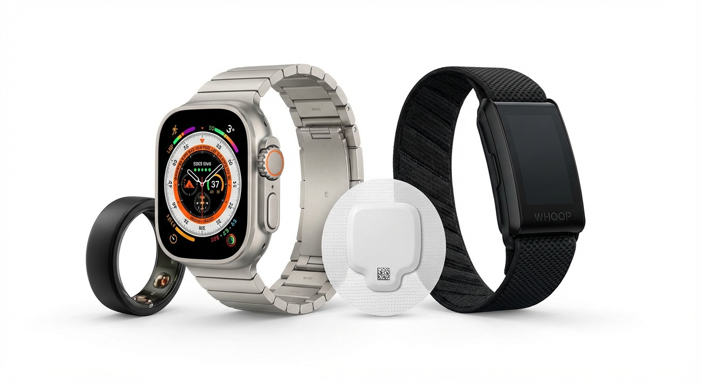 Various wearable health devices including smart ring, watch, and CGM displayed together