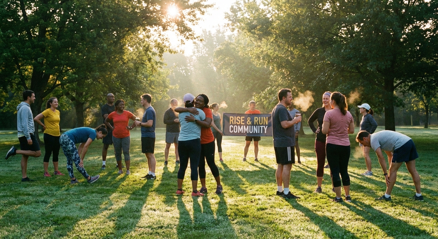 Running club group stretching together before morning run in park setting