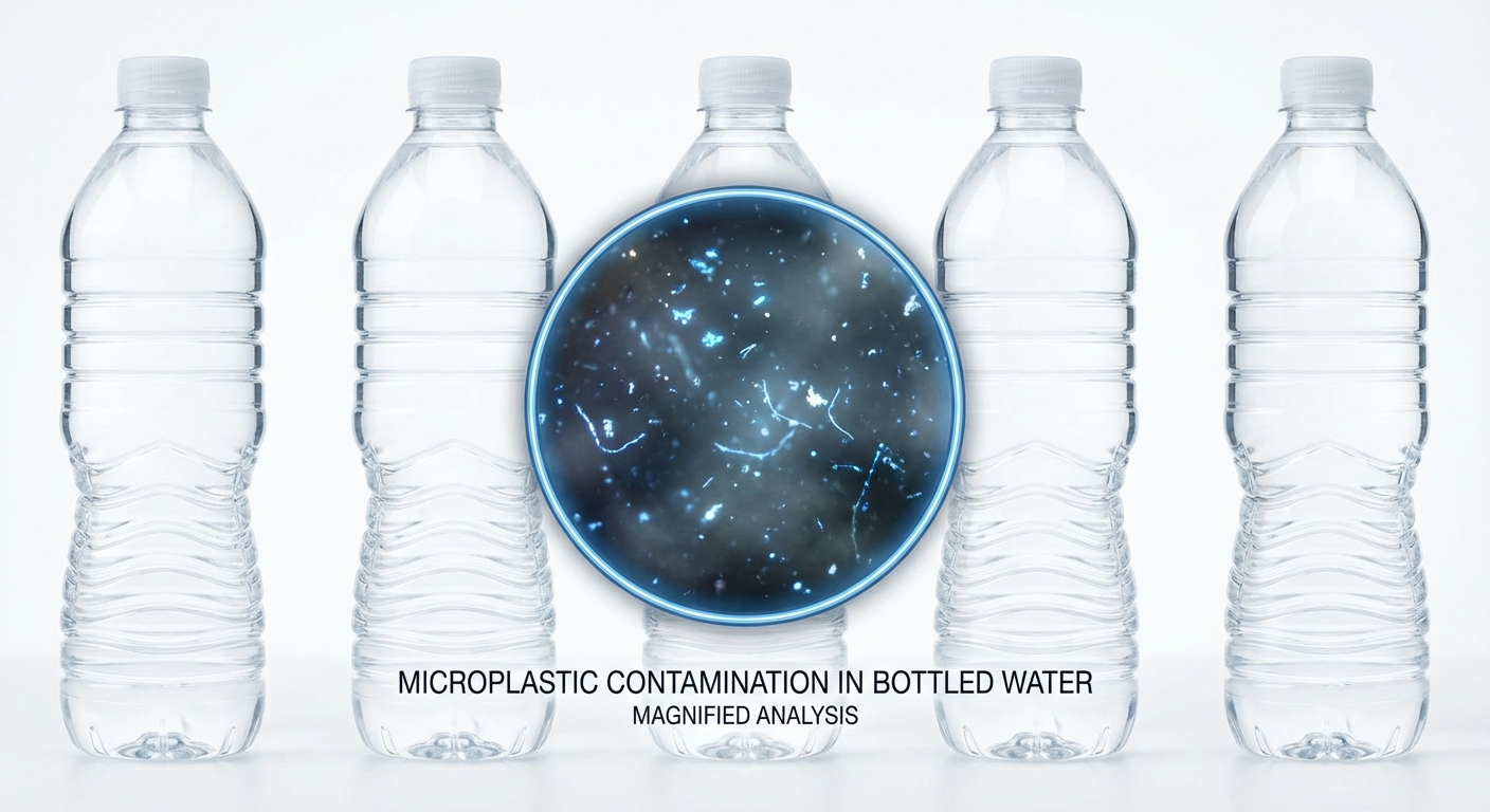 Plastic water bottles lined up with magnified view showing microscopic particles inside