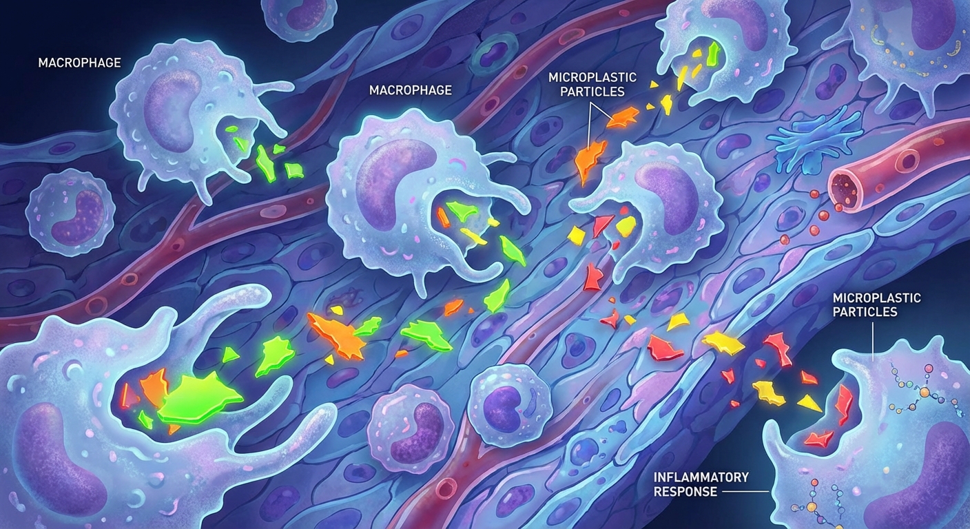 Scientific illustration of immune cells surrounding microplastic particles in human tissue