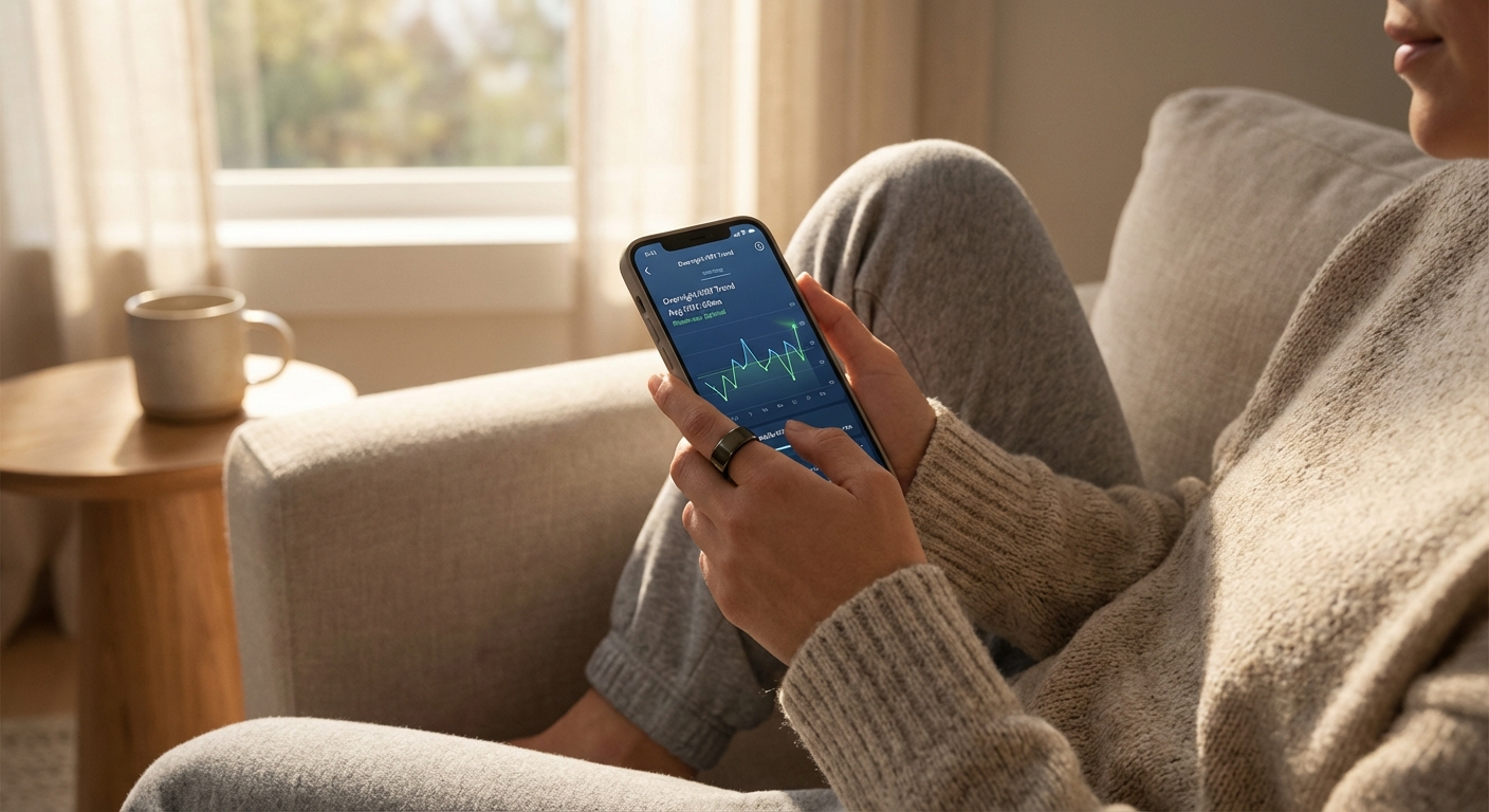 Person wearing smart ring checking heart rate variability data on smartphone app