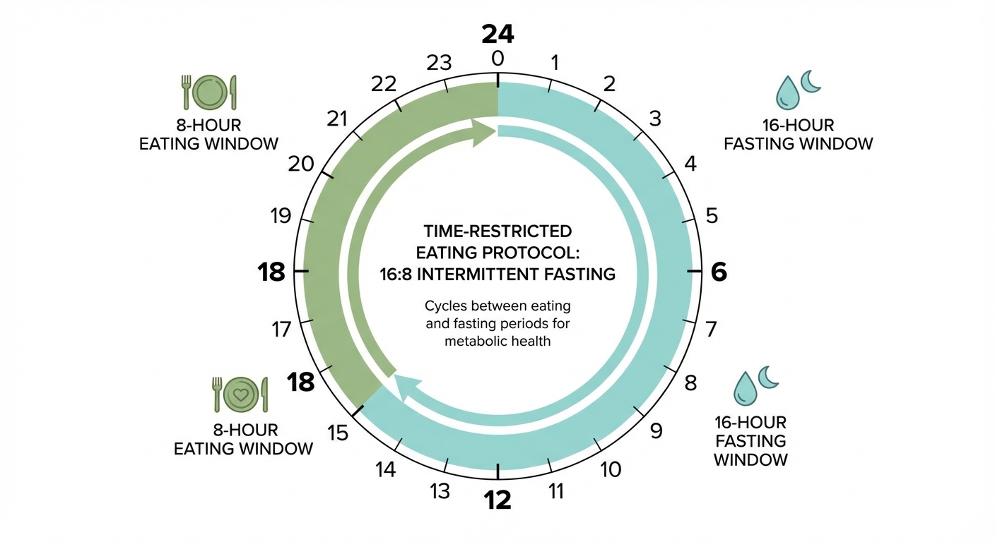 Timeline infographic showing eight-hour eating window with clock and meal icons