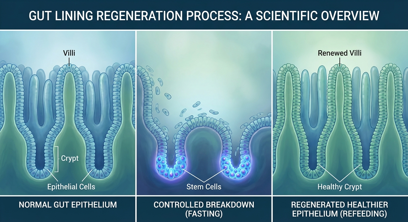 Scientific illustration showing gut lining regeneration cycle during fasting and refeeding